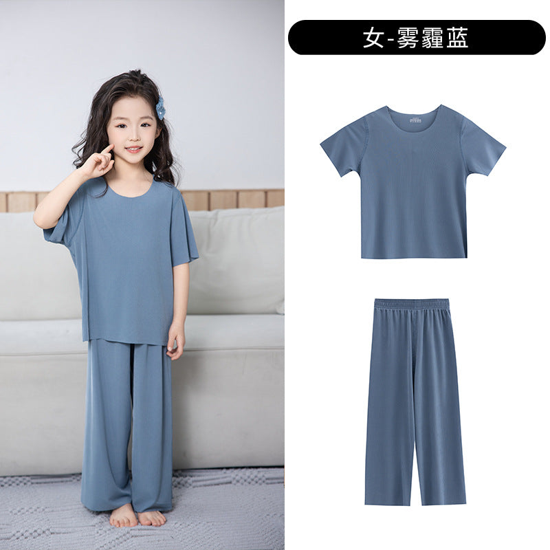Summer New Style Boys' Short-Sleeved Loose Seamless Ice Silk Home Clothes Children's Two-Piece Set Girls' Pajamas Set Wholesale