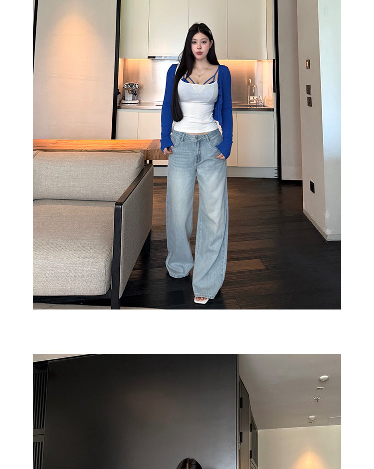 2025 Spring and Autum New Wide-Leg Ripped Jeans Women's Blue Loose Versatile Casual Straight Long Pants Trendy