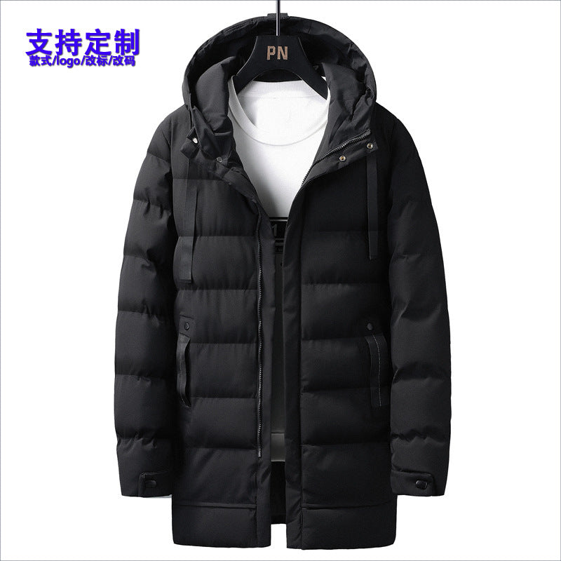 Mid-Length Hooded Cotton Coat for Young Men, Casual Warm Cotton Jacket, Thickened Puffer Jacket for Trendy Men, Winter Cotton Coat, Cross-Border