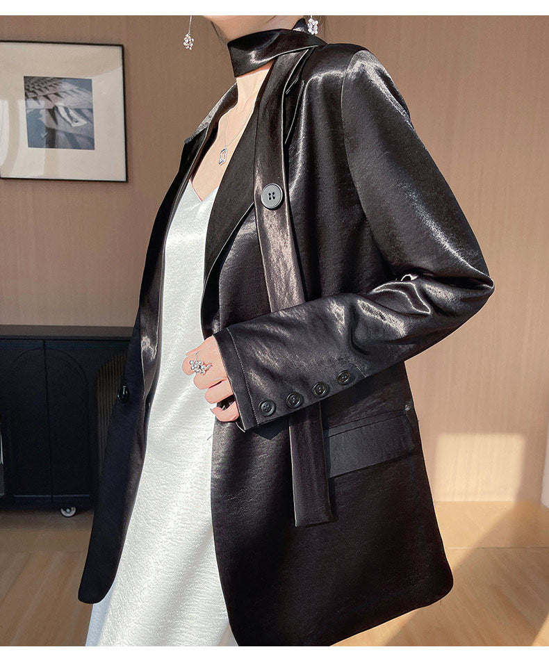 Light Luxury French Style Slimming Women's Coat Belt Satin Suit Women's Loose Elegant Glossy Casual Suit