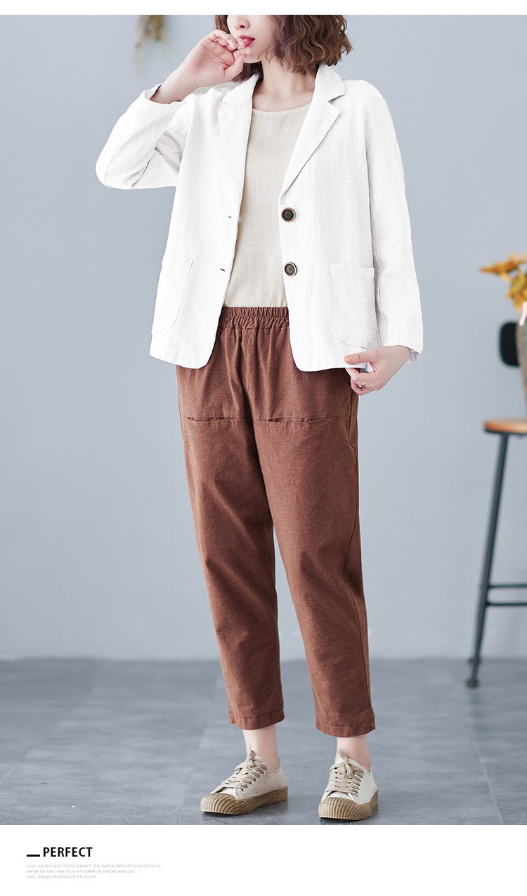 2025 Real Shot of New Cotton and Linen Retro Literary Loose Versatile Casual Long-Sleeved Button-Down Small Suit Short Jacket for Women