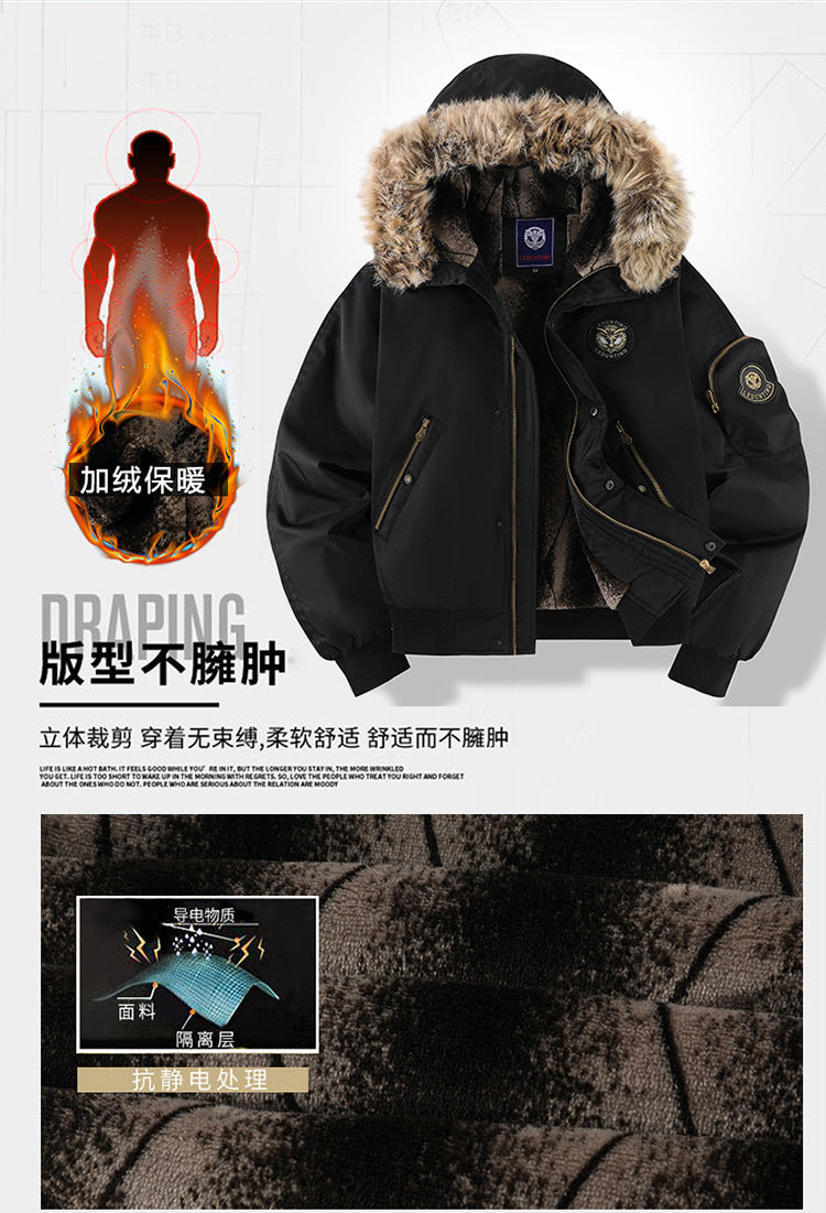 New Winter Fleece-Lined Thick Casual Men's Cotton Jacket, Warm Trendy Coat with Hood, Loose Fit, Plus Size Cotton Clothing