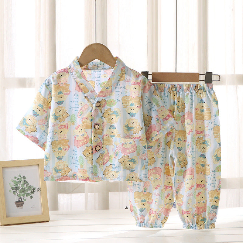Children's Home Clothes Cotton Silk Suit Summer Boys and Girls Pajamas Artificial Cotton Two-Piece Set Cotton Silk Air-Conditioned Clothes Kidsren's Clothing
