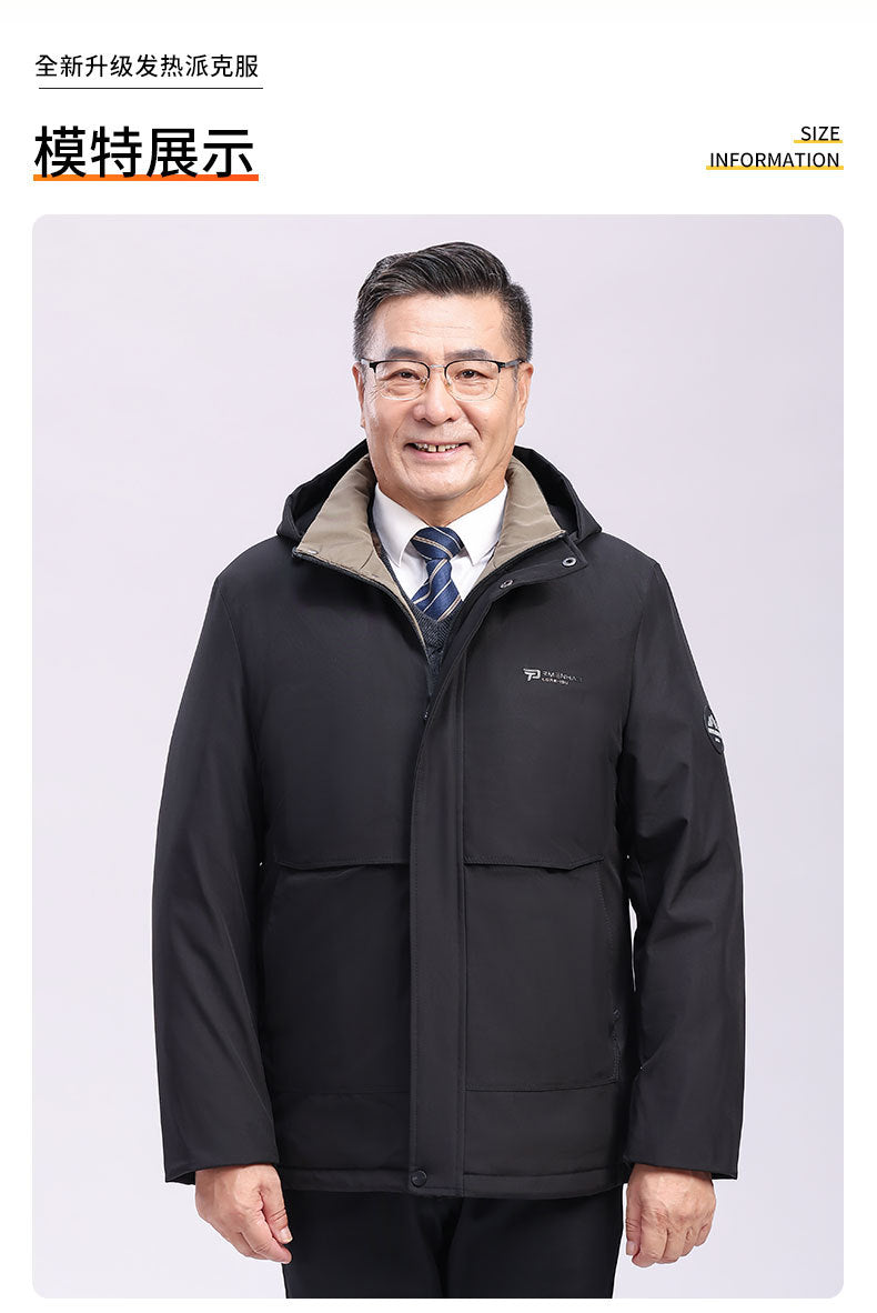 Factory Direct Supply Rechargeable Heated Cotton Jacket for Men, Fleece-Lined Thickened Hooded Coat, Middle-Aged and Elderly Warm Parka