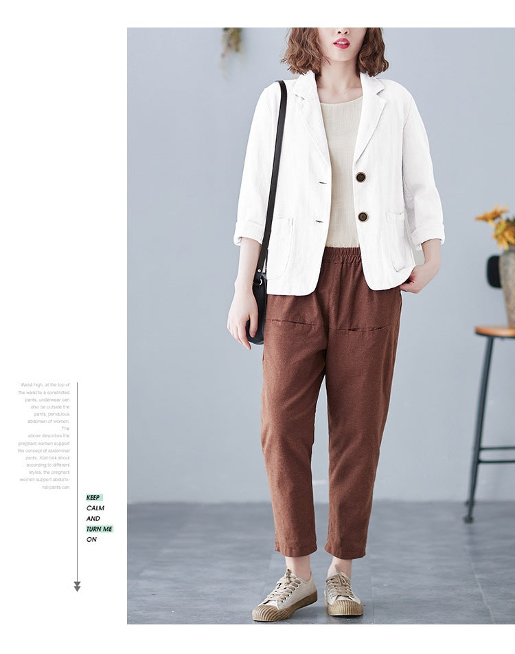 2025 Real Shot of New Cotton and Linen Retro Literary Loose Versatile Casual Long-Sleeved Button-Down Small Suit Short Jacket for Women