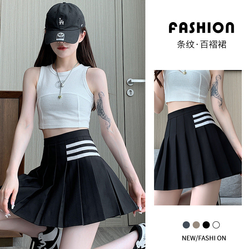Black Pleated Skirt Summer Women's A- line High Waist New Pleated Skirt Striped Small College Style jk Skirt