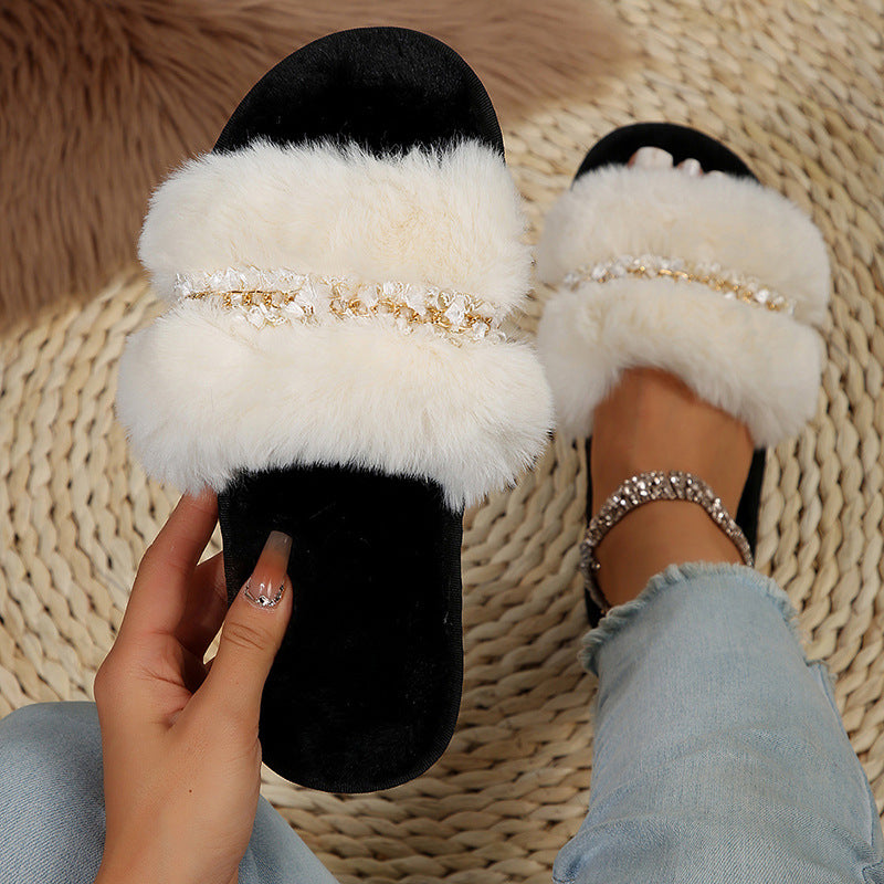 European chain flat fleece-lined thick bottom slippers women's indoor and outdoor winter new cotton slippers a generation of women
