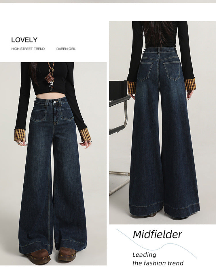 Retro American Style Denim Blue Flared Jeans for Women 2025 Autumn New Slimming Versatile Bootcut Pants