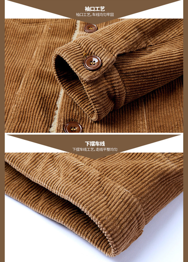 Lamb Velvet Jacket Men's Autumn and Winter Thickeneded Cotton Outwear Corduroy Workwear Cotton Jacket Fleece-Lined Retro Corduroy Jacket