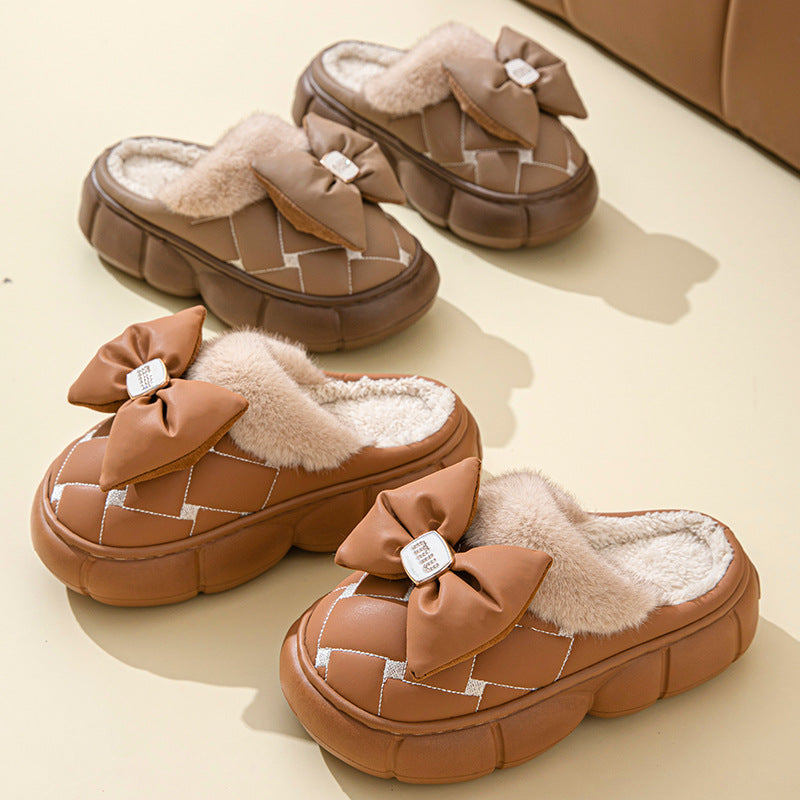 Women's Winter Bow-Knot Thick-Soled Cotton Slippers for Outdoor Wear, Warm, Height-Increasing, Non-Slip, Stylish, Fashionable, Waterproof for Home and Indoor Use