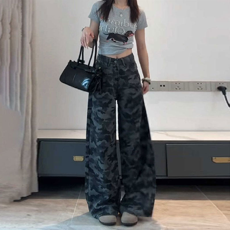 American-Style Plus-Size Camouflage Wide-Leg Jeans for Women, Designed for Petite Pear-Shaped Figures, Loose Casual Straight-Leg Pants