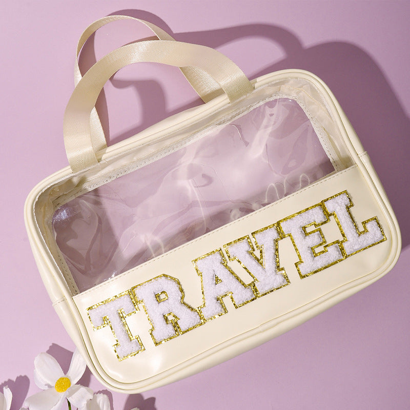 Amazon Cross Border Transparent PVC Handbag Embroidered Letters Storage Bag Large Capacity Travel Wash Bag