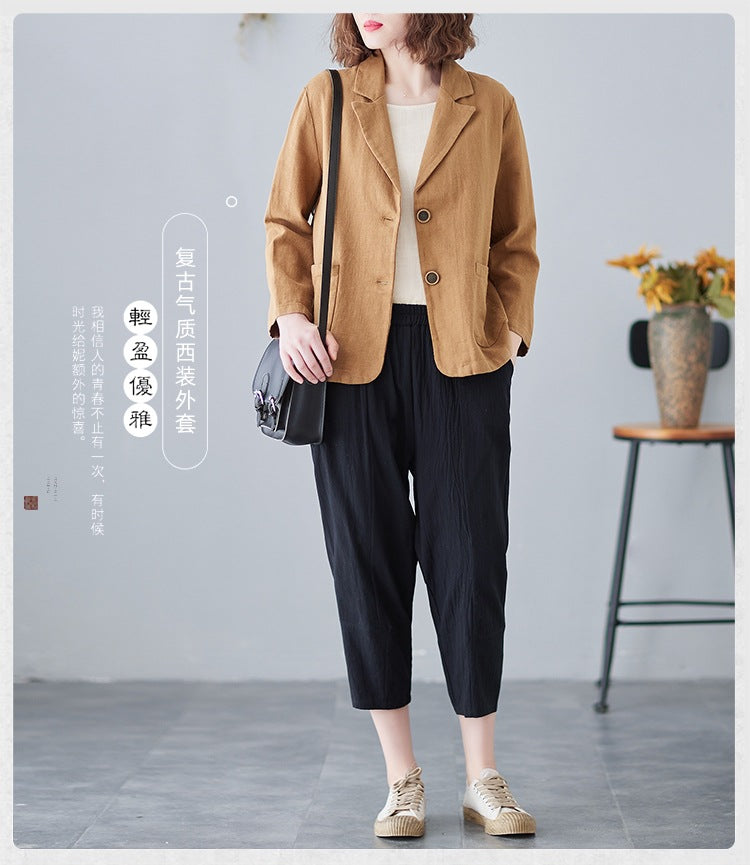 2025 Real Shot of New Cotton and Linen Retro Literary Loose Versatile Casual Long-Sleeved Button-Down Small Suit Short Jacket for Women
