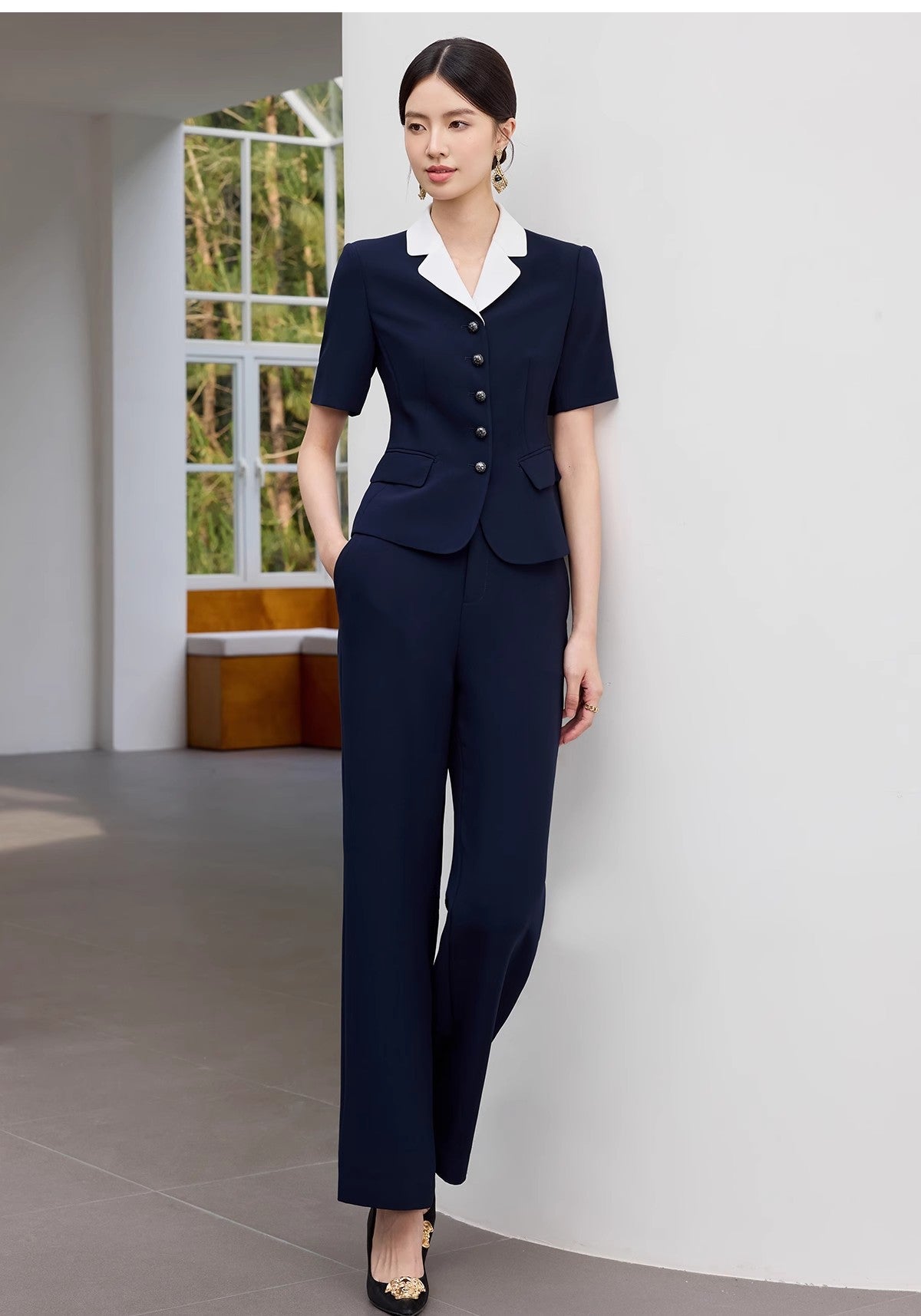 Summer New Navy Blue Short-Sleeved Professional Suit Suit Color-Blocked Suit Collar Single-Breasted Slim Slim Work Clothes
