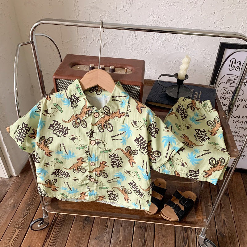 2026 New Children's Short-Sleeved Suit, Men's Short-Sleeved Shirt Suit, Short-Sleeved Shorts Beach Two-Piece Set