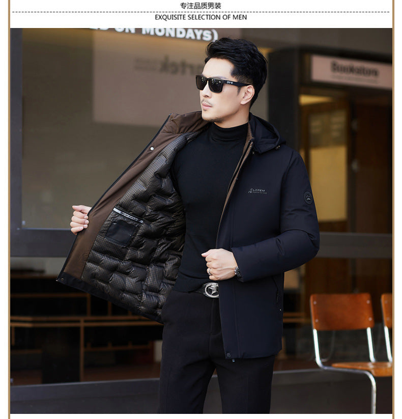 2024 winter new silk cotton-padded jacket casual men's business middle-aged cotton-padded hooded thick warm coat wholesale