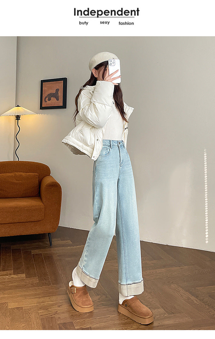 Fleece-Lined Cigarette Jeans for Women, Autumn/Winter 2026 New Style, Wide-Leg, Slim-Fit, Loose, Flattering, Petite Straight-Leg Pants