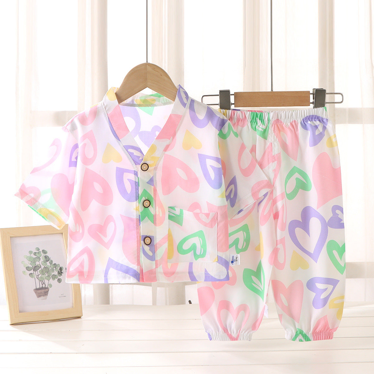 Children's Home Clothes Cotton Silk Suit Summer Boys and Girls Pajamas Artificial Cotton Two-Piece Set Cotton Silk Air-Conditioned Clothes Kidsren's Clothing
