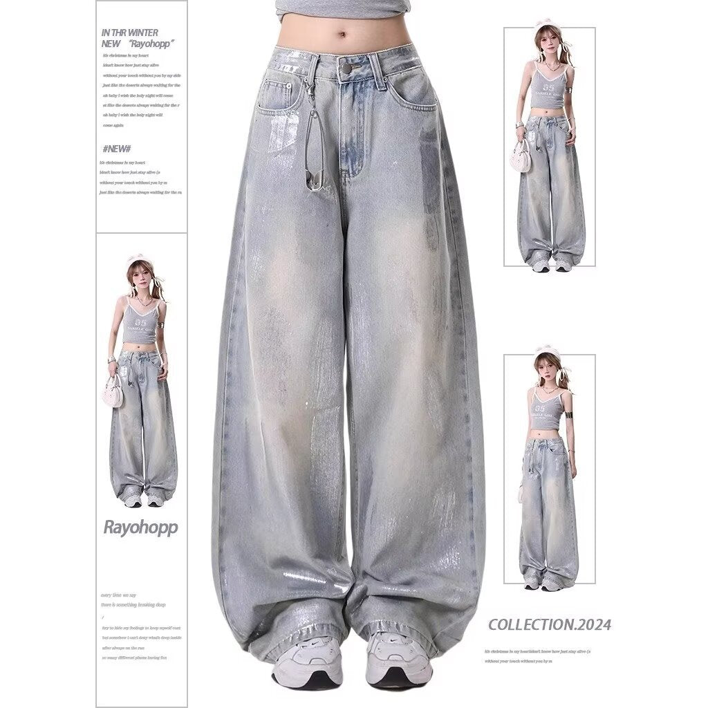 American Retro Simple Wide-Leg Jeans for Women, Autumn New Slim High-Waisted Loose Vintage Straight Pants