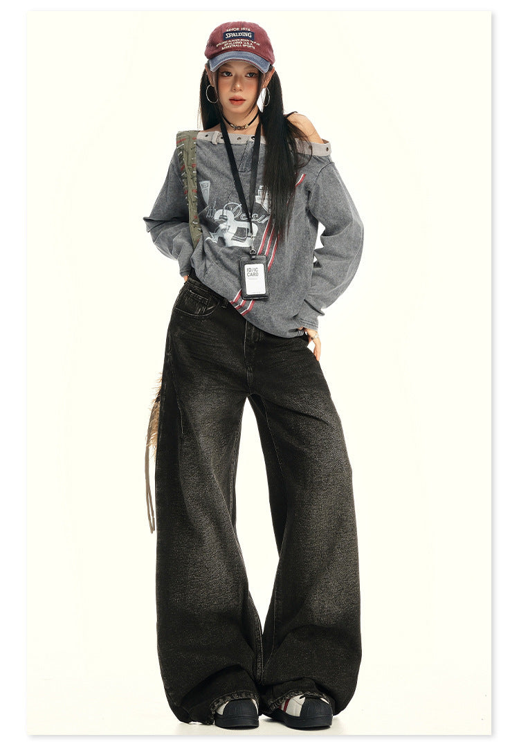 American Retro Wide-Leg Jeans for Women 2025 Early Autumn New Design Distressed Slimming Straight-Leg Floor-Length Pants