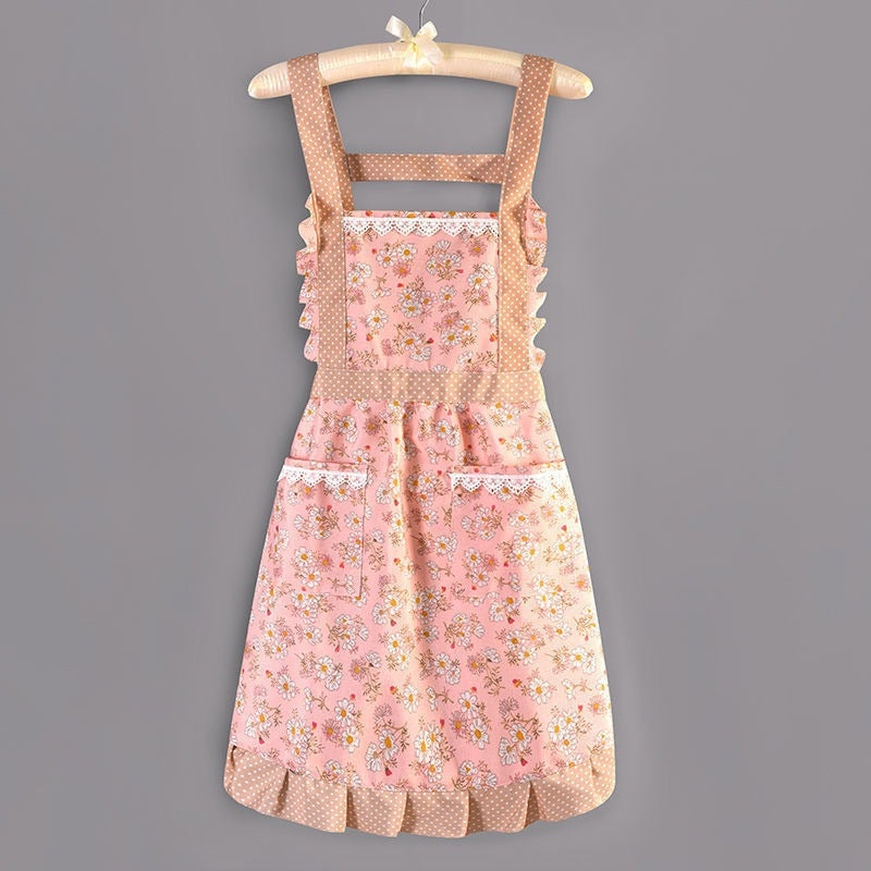 Factory Direct Sales New Kitchen Household Cooking Canvas Cotton Apron Lace Cute Hand-Wipeable Suspenders Pure Cotton for Women