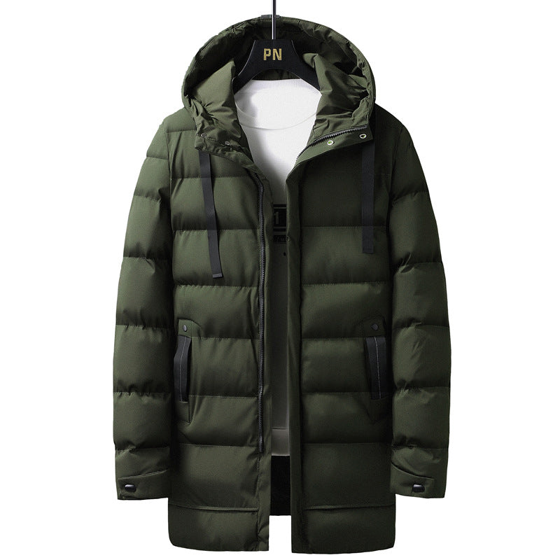 Mid-Length Hooded Cotton Coat for Young Men, Casual Warm Cotton Jacket, Thickened Puffer Jacket for Trendy Men, Winter Cotton Coat, Cross-Border