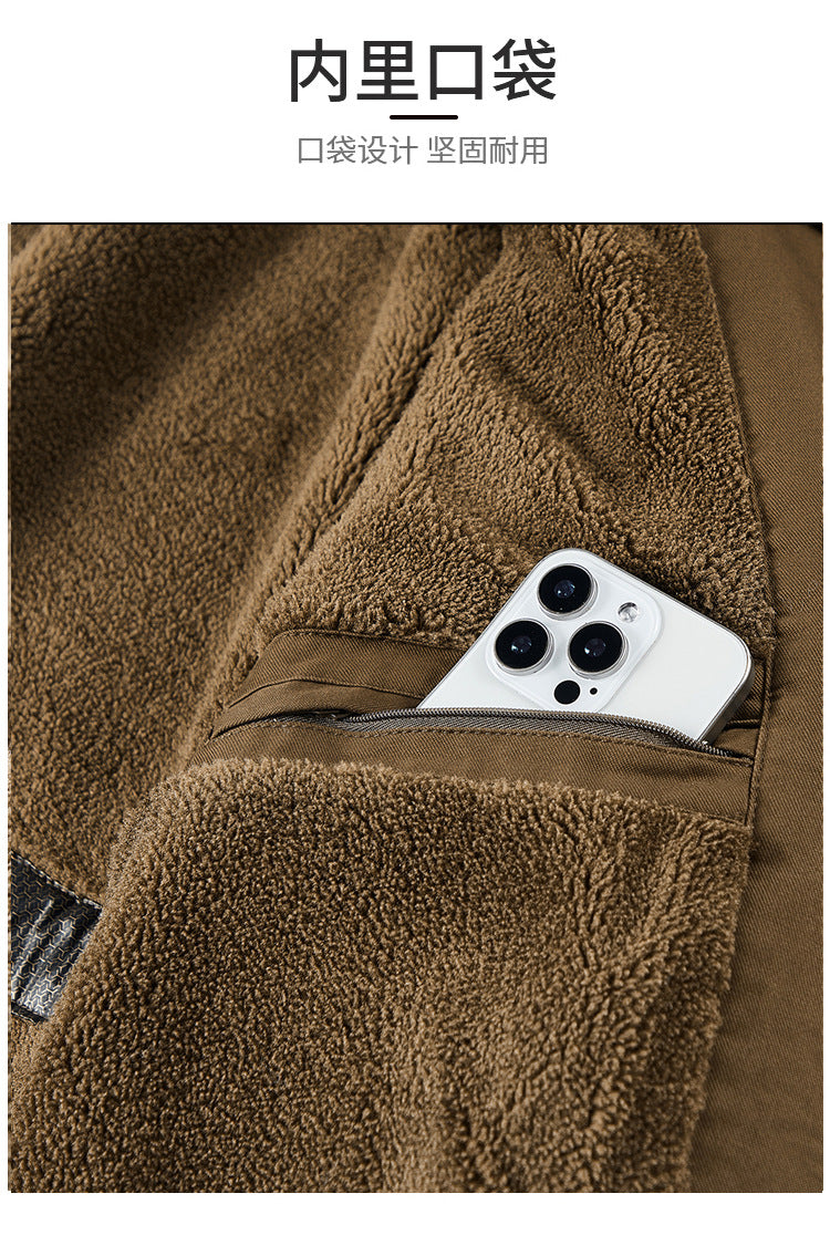 Pure Cotton Autumn and Winter Workwear Lamb Velvet Jacket Middle-Aged and Elderly Men's Jacket Flight Suit Winter Thickeneded Velvet Cotton Jacket