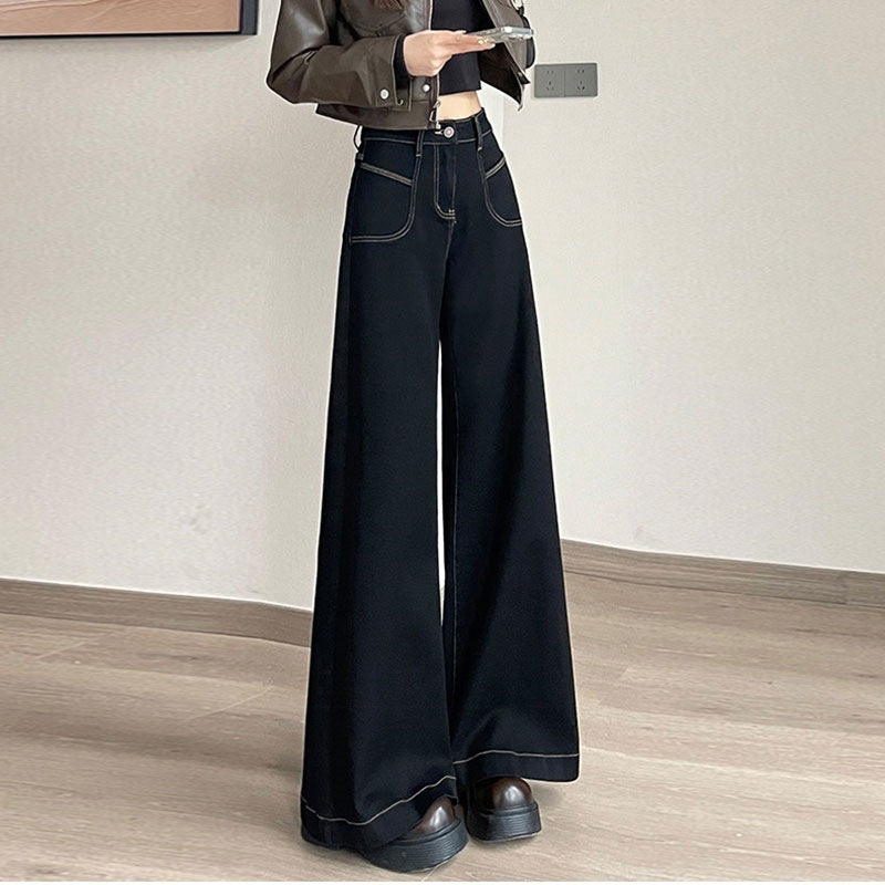 2025 New High-Waisted Black Wide-Leg Jeans for Women, Fashionable and Versatile Spring & Fall Loose Large-Flared Straight Pants