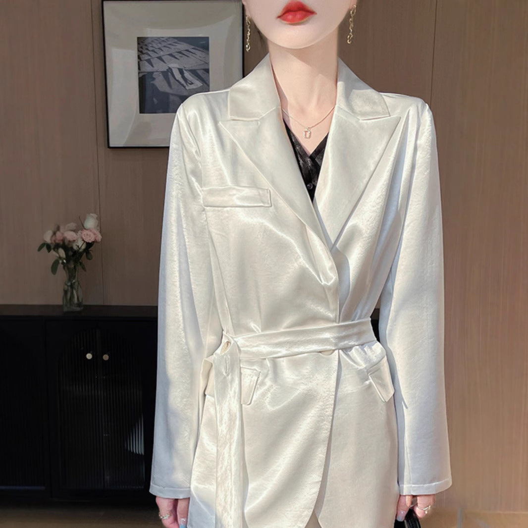 Light Luxury French Style Slimming Women's Coat Belt Satin Suit Women's Loose Elegant Glossy Casual Suit