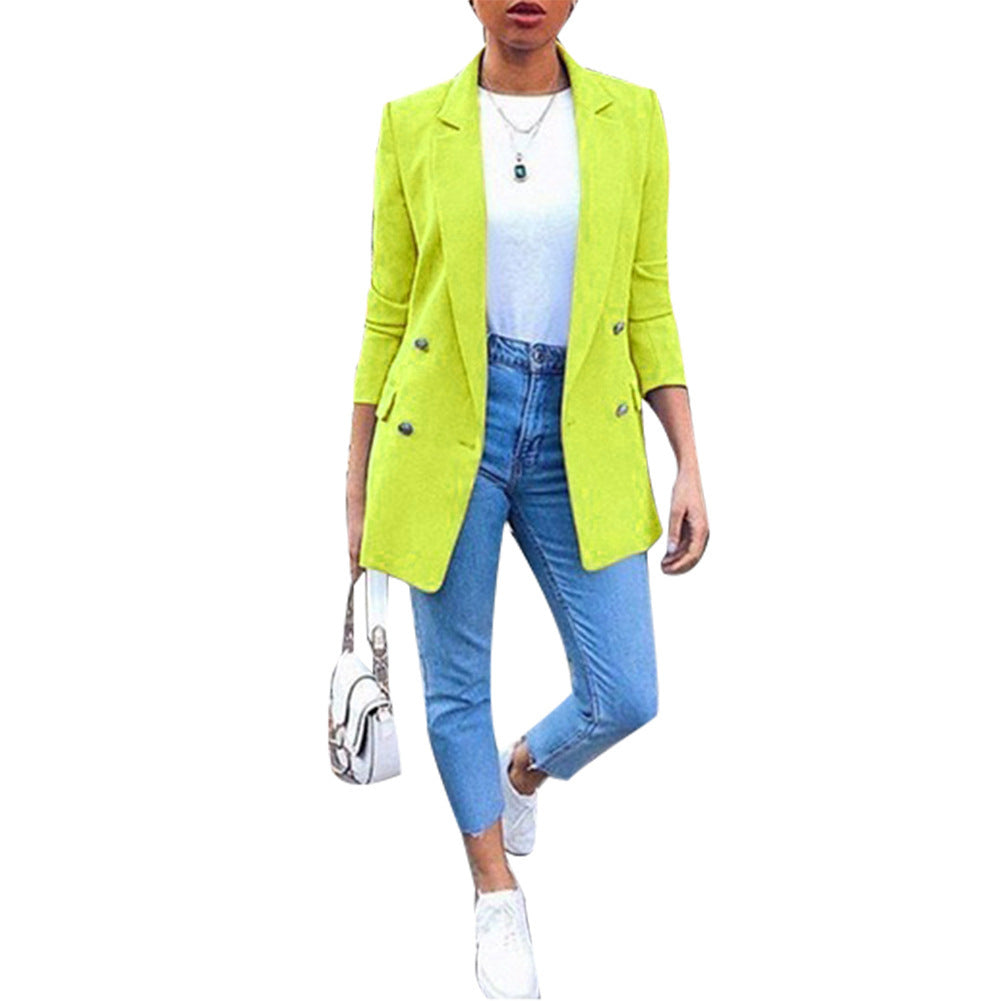 Amazon wish explosions solid color fashion lapel cardigan 2020 Europe and the United States long temperament suit jacket women