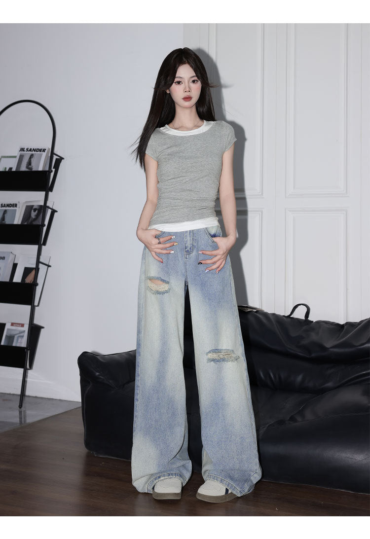 Spring and Autumn Design Retro Versatile Light Blue Ripped Jeans for Women American Style Loose High-Waisted Wide-Leg Pants