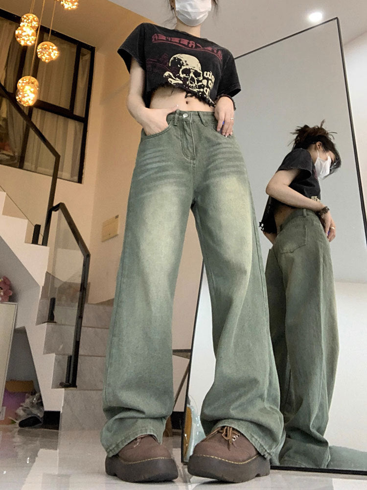 2025 Spring and Autumn Retro American High Waist Slim Straight-Leg Jeans Fashion Women's Loose Floor-Length Wide Leg Long Pants
