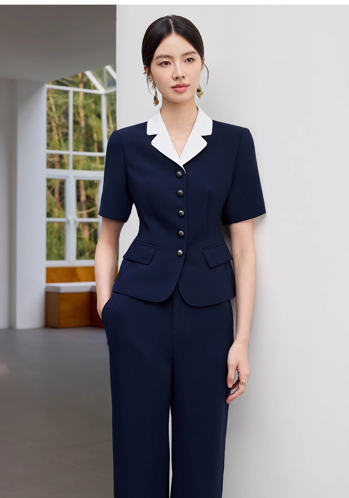 Summer New Navy Blue Short-Sleeved Professional Suit Suit Color-Blocked Suit Collar Single-Breasted Slim Slim Work Clothes