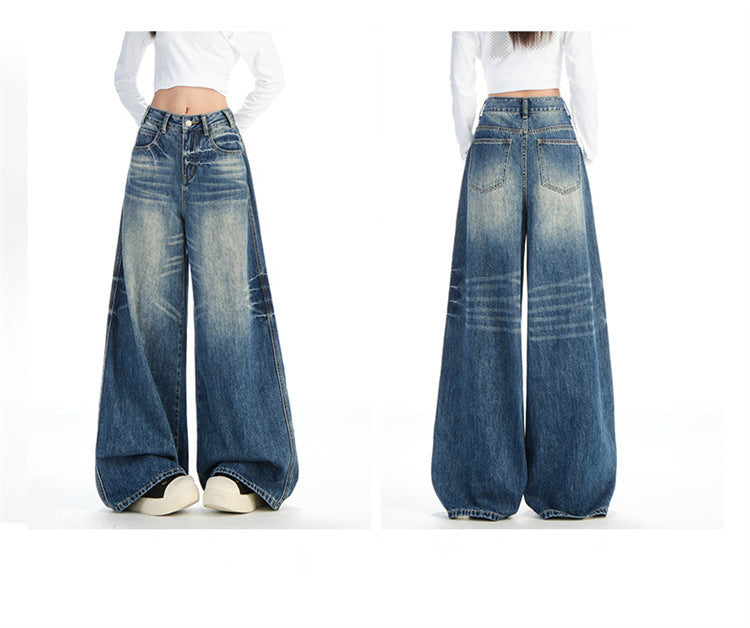Raccoon House # High-Waisted Loose Whiskered Floral Heavy Craft Jeans for Women 2025 Autumn New Drape Slimming Floor-Length Pants