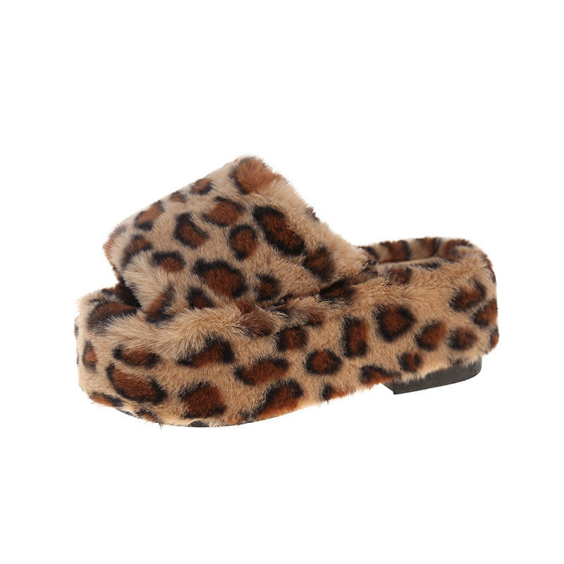 Leopard Print Thick-Soled Furry Slippers for Women's Outer Wear 2025 Autumn and Winter New Internet Celebrity Hot Style Fashion Versatile Non-Slip Cotton Slippers