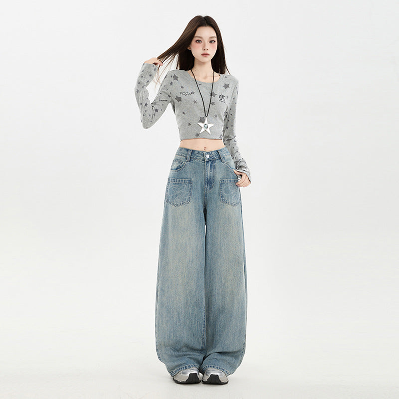Raccoon House # American Retro Design Embroidered Jeans for Women 2025 Autumn New High-Waisted Loose Wide-Leg Pants Trendy