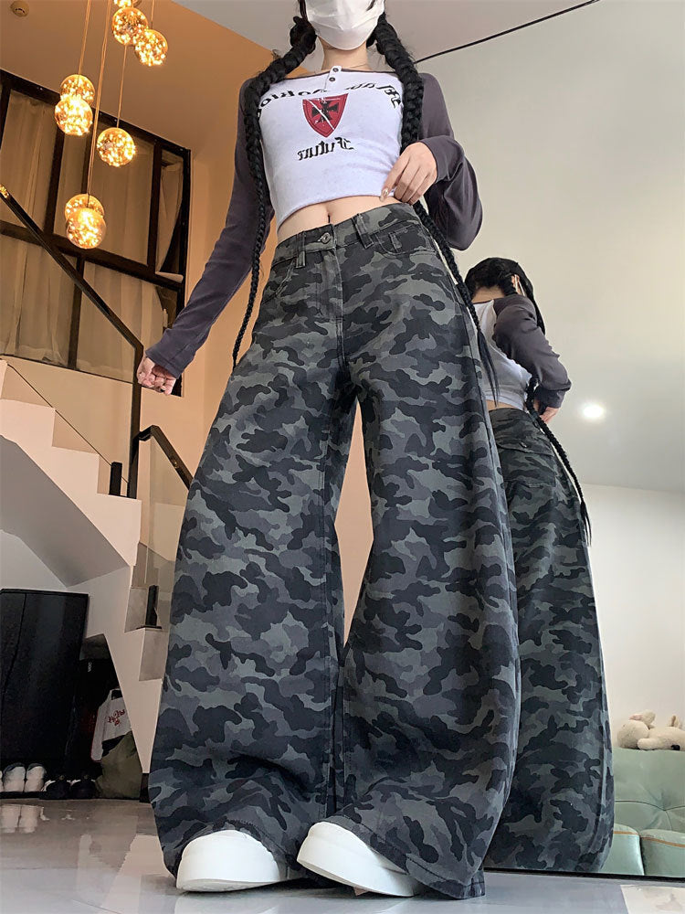 Plus Size Workwear Wide-Leg Camouflage Jeans for Women, Autumn American Style, Loose Retro Drape, Lazy Straight Pants for Chubby Women