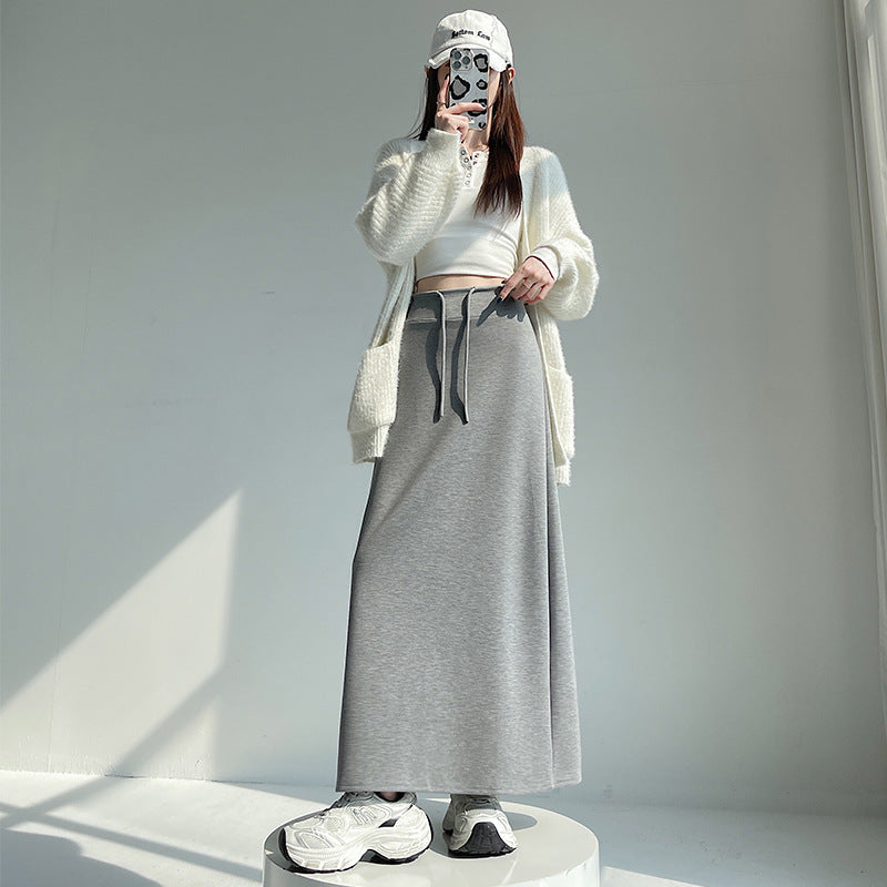 Gray Sports Skirt for Women Spring & Fall New High-Waisted Straight Slit A-Line Skirt Draped Skirt Long Skirt