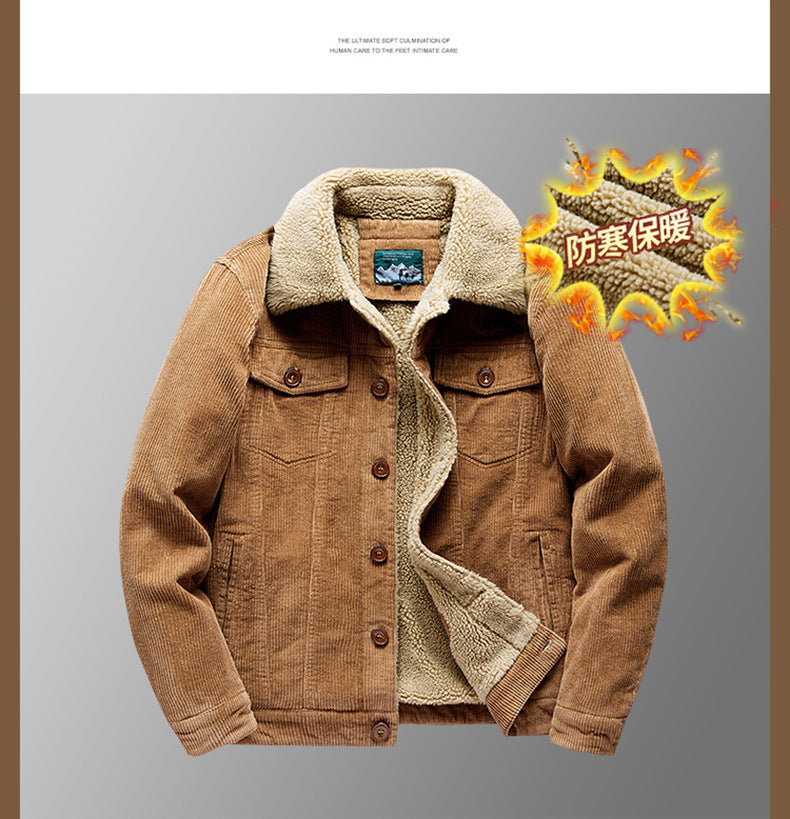 Lamb Velvet Jacket Men's Autumn and Winter Thickeneded Cotton Outwear Corduroy Workwear Cotton Jacket Fleece-Lined Retro Corduroy Jacket