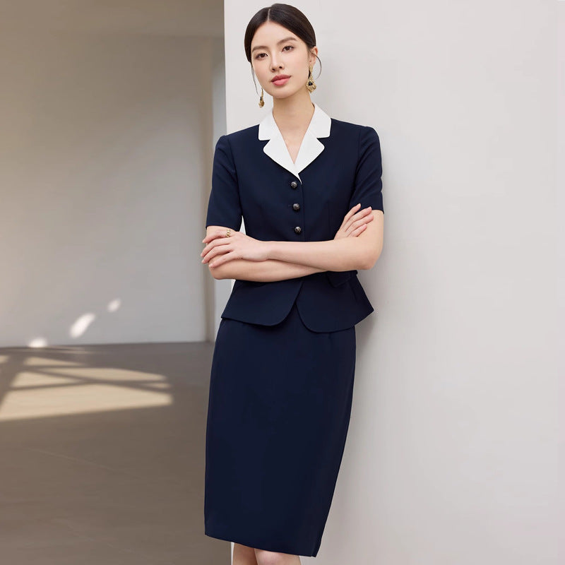Summer New Navy Blue Short-Sleeved Professional Suit Suit Color-Blocked Suit Collar Single-Breasted Slim Slim Work Clothes