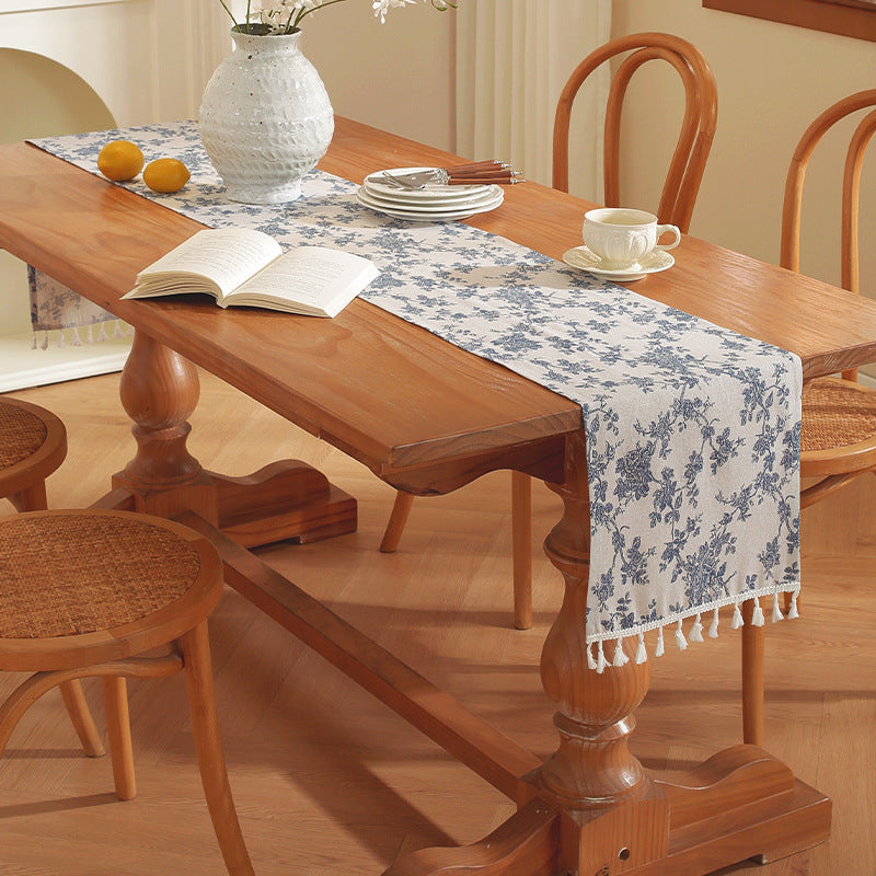 Vintage blue and white porcelain cotton and linen table flag tea flag sideboard cabinet shoe cabinet dustproof cover towel long tablecloth factory cross-border wholesale