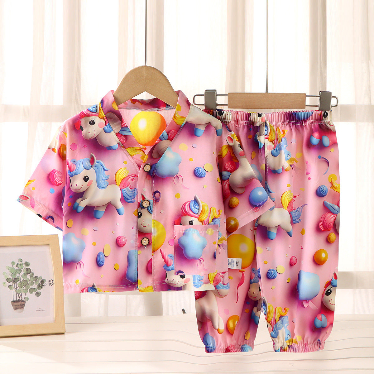Children's Home Clothes Cotton Silk Suit Summer Boys and Girls Pajamas Artificial Cotton Two-Piece Set Cotton Silk Air-Conditioned Clothes Kidsren's Clothing