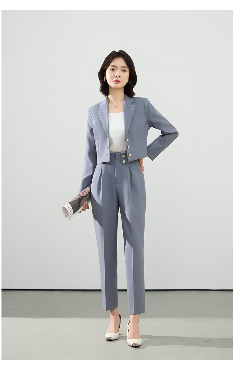 Cross-Border Gray Suit Set for Women, Spring and Autumn Short Style Professional Formal Wear, Hotel Front Desk Long-Sleeve Workwear Blazer