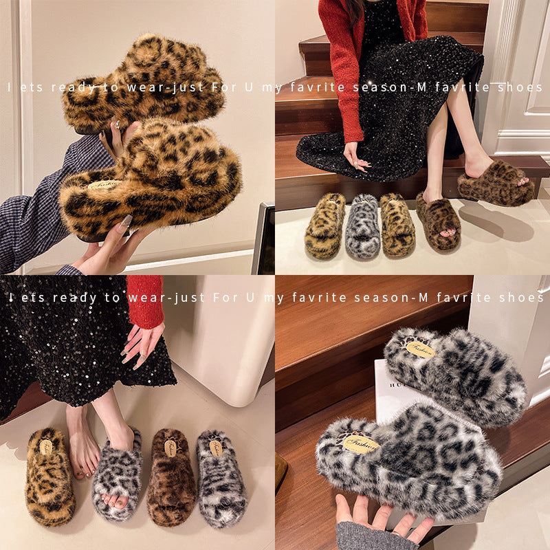 Leopard Print Thick-Soled Height-Increasing Furry Slippers for Women's Outer Wear 2025 New Autumn and Winter Fashion Home Furry Cotton Slippers