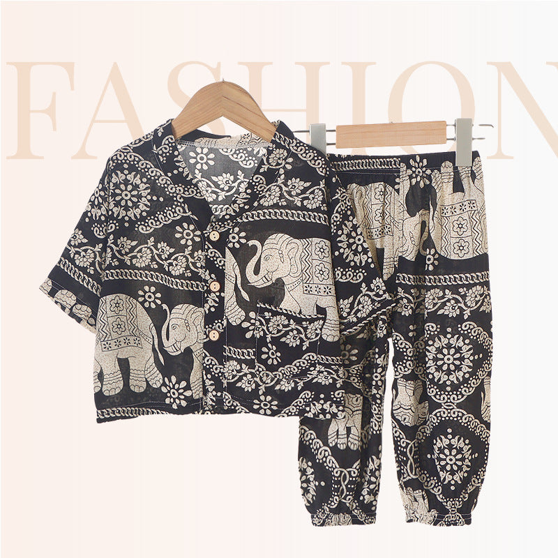 Children's Home Clothes Cotton Silk Suit Summer Boys and Girls Pajamas Artificial Cotton Two-Piece Set Cotton Silk Air-Conditioned Clothes Kidsren's Clothing