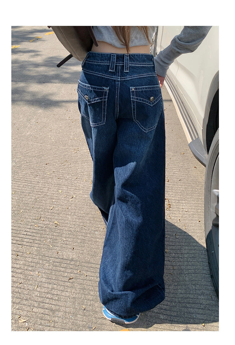 American-Style Dark Blue Wide-Leg Jeans for Women, 2025 Autumn New Straight High-Waisted Loose Slimming Lazy Floor-Length Pants