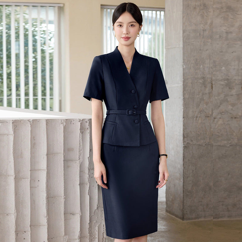 Summer New Design V-Neck Professional Women's Skirt Suit in Gray-Green, Slim-Fit and Flattering, Suitable for Reception and Work Attire