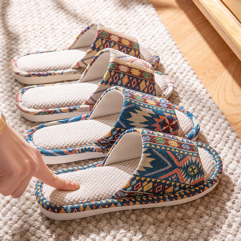 Linen Slippers Women's Spring and Autumn Household Couple's Home Indoor Mute Non-Slip Soft Bottom Four Seasons Cotton and Linen Fabric Slippers for Men