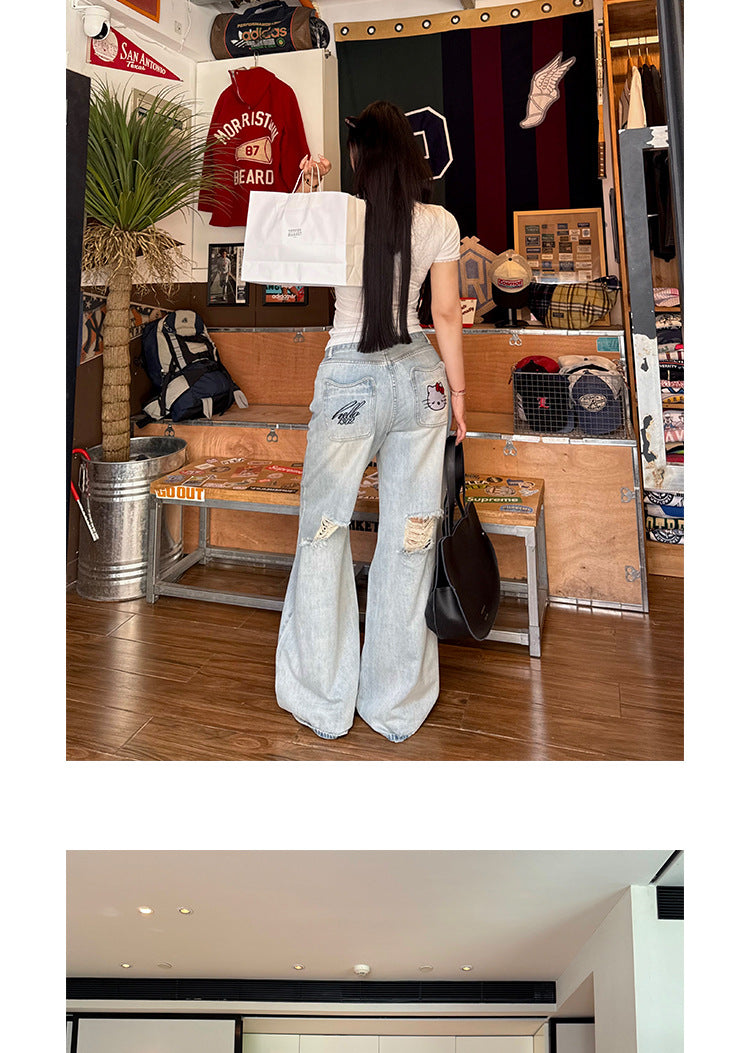 2025 Spring and Autum New Wide-Leg Ripped Jeans Women's Blue Loose Versatile Casual Straight Long Pants Trendy