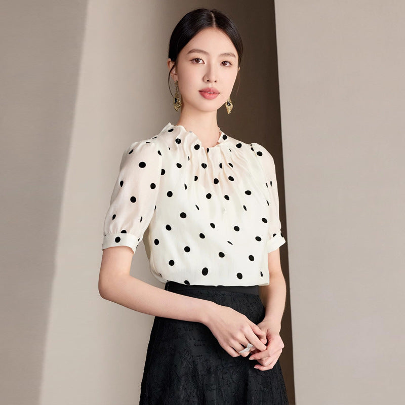 Summer New Short-Sleeved Design Romantic Polka Dot Women's Shirt Small Fresh and Stylish Tencel Skin-Friendly Small Stand-Up Collar Shirt